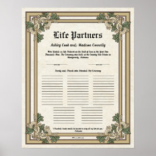 "Life Partners" Gastregister Hochzeitzertifikat Poster