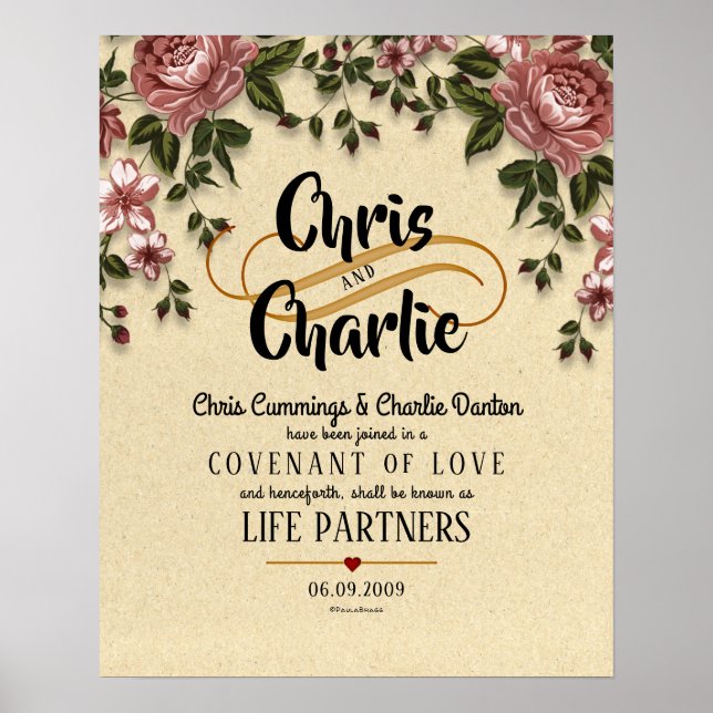 "Life Partners" Modernes Blumenhochzeitzertifikat Poster (Vorne)