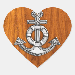 Lifesaver Chrome Like Anchor auf Teak Veneer Herz-Aufkleber