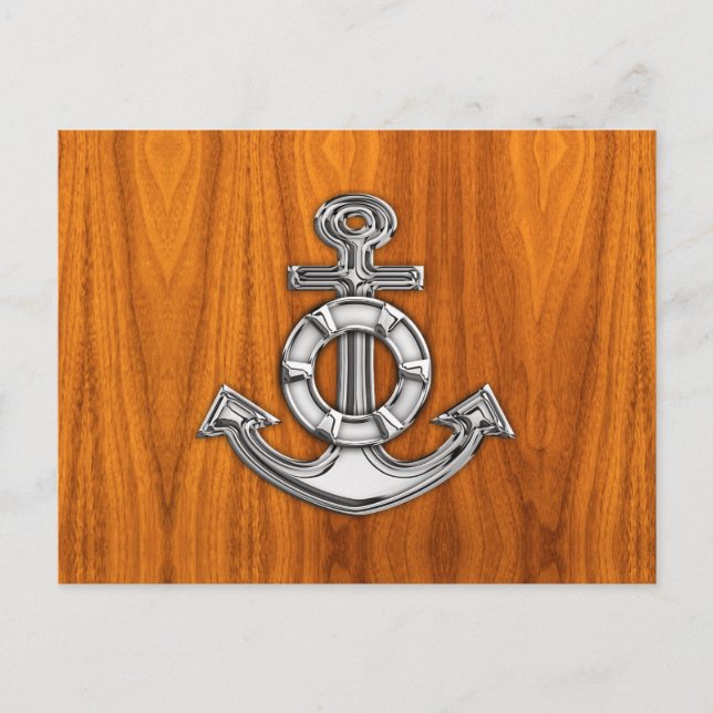 Lifesaver Chrome Like Anchor on Teak Veneer Postkarte (Vorderseite)