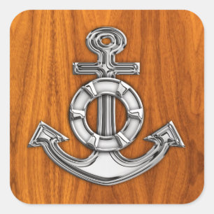 Lifesaver Chrome Like Anchor on Teak Veneer Quadratischer Aufkleber