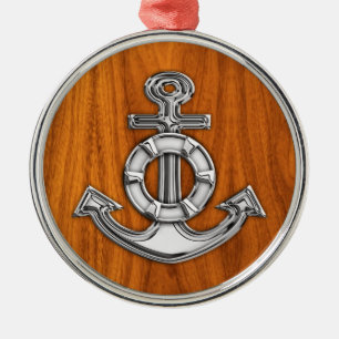 Lifesaver Chrome Like Anchor on Teak Veneer Silbernes Ornament