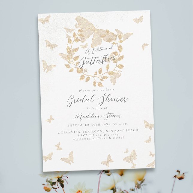 Lifetime Butterfells Gold Eukalyptus Brautparty Einladung (lifetime of butterflies bridal shower theme invitation gold eucalyptus greenery wreath gold garden)