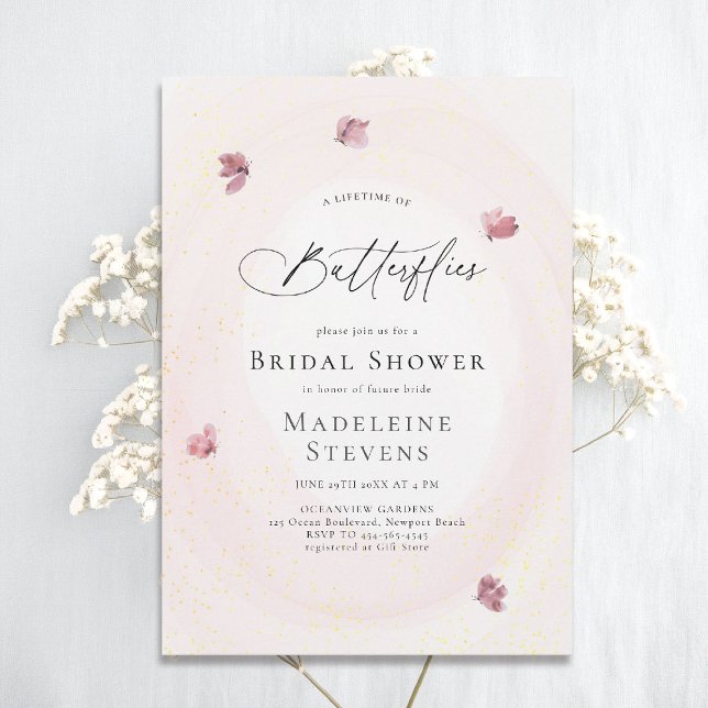 Lifetime Butterfets Blush Pink Chic Brautparty Einladung (lifetime of butterflies theme bridal shower invitation whimsical watercolor romantic dreamy)