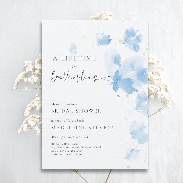 Lifetime Butterfets Romantic Blue Brautparty Einladung (butterflies theme bridal shower invitation whimsical watercolor romantic dreamy something blue)