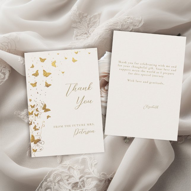 Lifetime Butterfliegen Ivory Gold Chic Brautparty Dankeskarte (butterflies bridal shower thank you card garden vines sprinkle lifetime romantic gold ivory elegant )