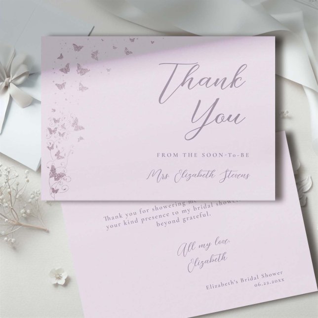 Lifetime Butterfliegen Lilac Silver Brautparty Dankeskarte (lilac glitter butterflies bridal shower thank you card)