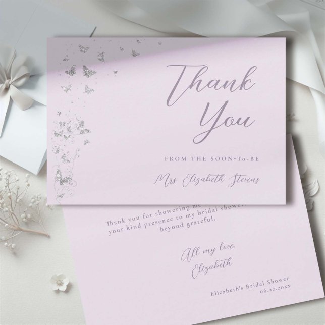 Lifetime Butterflies Lilac Glitzer Brautparty Dankeskarte (silver glitter butterflies bridal shower thank you card)