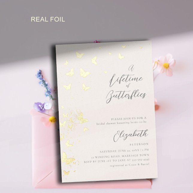 Lifetime Butterflies Modernes Klassisches Brautpar Folieneinladung (a lifetime of butterflies bridal shower invitation gold foil butterfly garden whimsical modern chic)