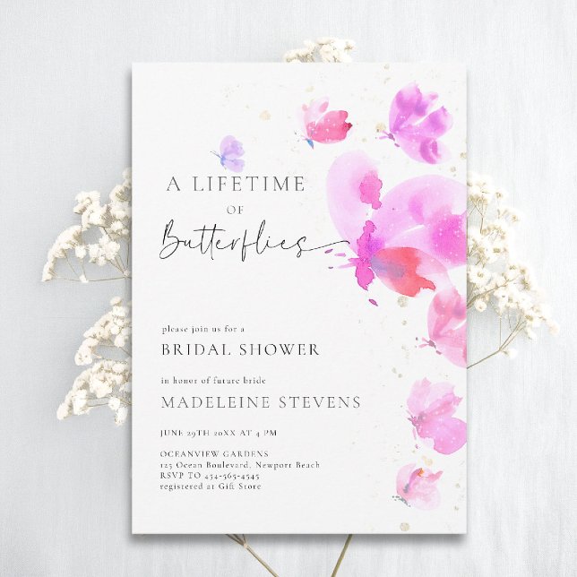 Lifetime Butterfys kühnes romantisches Brautparty Einladung (butterflies theme bridal shower invitation whimsical watercolor romantic bold pink purple red)