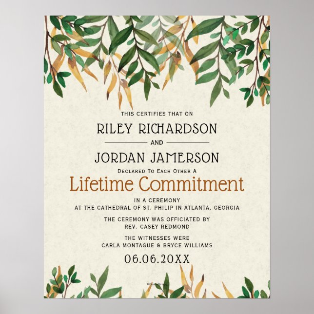 "Lifetime Commitment" Grünhochzeitszertifikat Poster (Vorne)