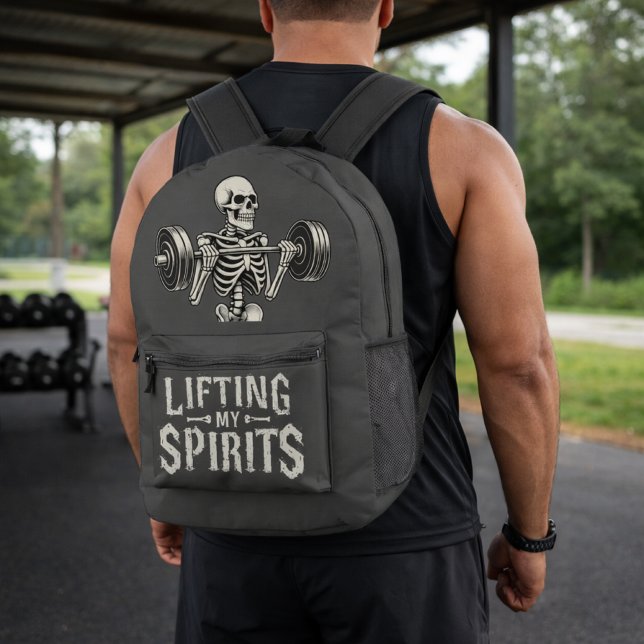 Lifting My Spirits Bodybuilding Skeleton Funny Gym Bedruckter Rucksack (Von Creator hochgeladen)