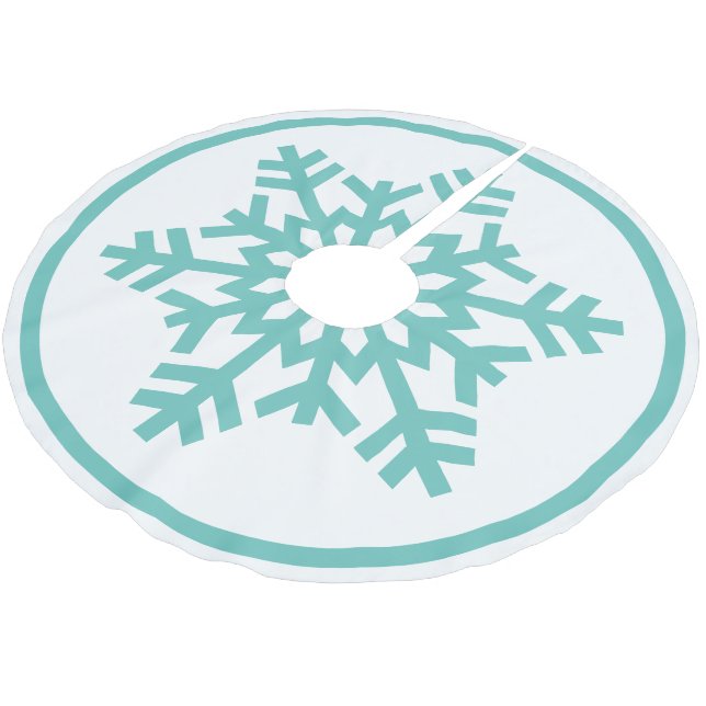 Light Aqua Aquamarin Blue Green Snowflake auf Weiß Polyester Weihnachtsbaumdecke (Schrägansicht)