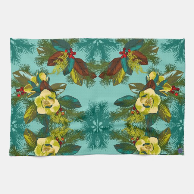 Light Aqua Magnolia Floral Print Kitchen Handtuch (Horizontal)
