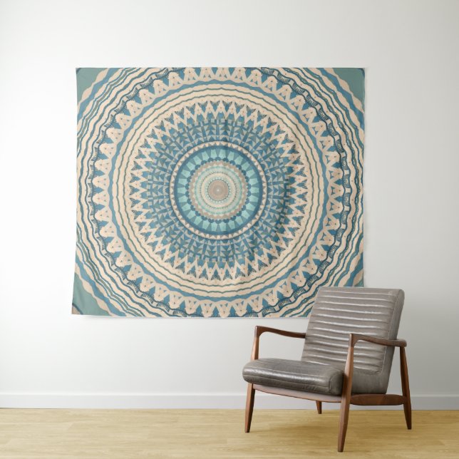 Light Aquamarin Beige Mandala Wandteppich (Beispiel (Horizontal))