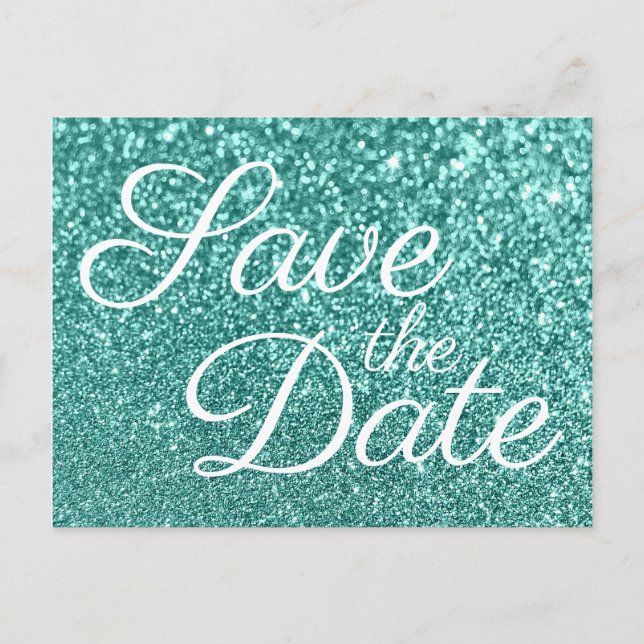 Light Aquamarin Bokeh Glitzer Save the Date Postkarte (Vorderseite)