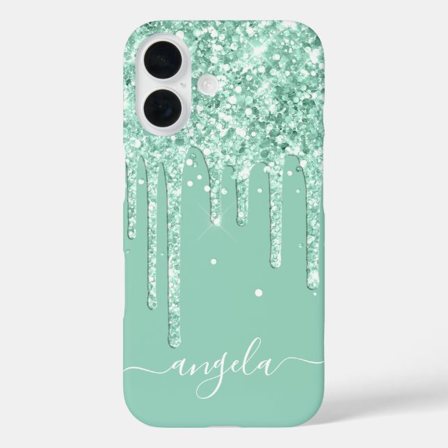 Light Aquamarin Glitzer Tropfen Glam Signatur iPhone 16 Hülle (Rückseite)