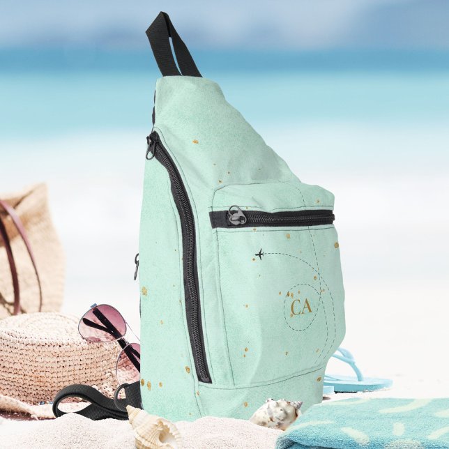 Light Aquamarine Minimalistische Monogram Gold Air Crossbody Bag (Light Teal Minimalist Monogram Gold Airplane Sling Bag ©Susanne Sachers - Sunny Wanderlust 🌞✈️)