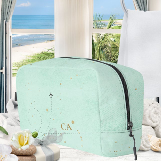 Light Aquamarine Minimalistische Monogram Gold Air Waschbeutel (Light Teal Minimalist Monogram Gold Airplane Dopp Kit ©Susanne Sachers - Sunny Wanderlust 🌞✈️)