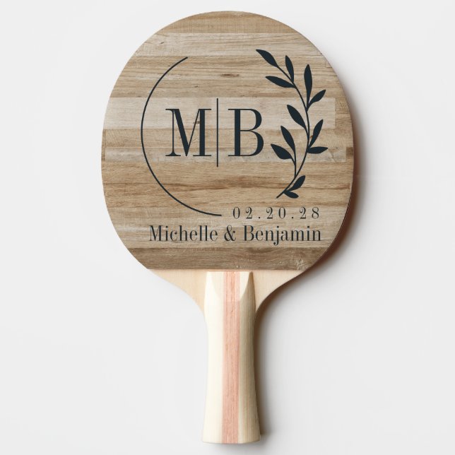 Light Ash Wood Leaf Wedding Monogram Tischtennis Schläger (Rückseite)