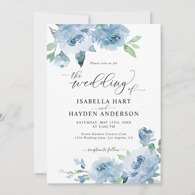 Light Baby Blue All in One QR Code Floral Wedding Einladung (Vorderseite)