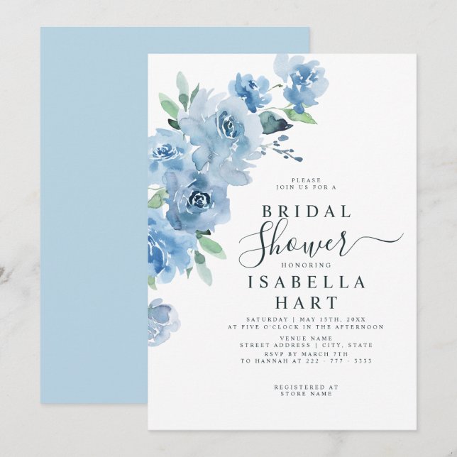 Light Baby Blue Botanical Floral Brautparty Einladung (Vorne/Hinten)