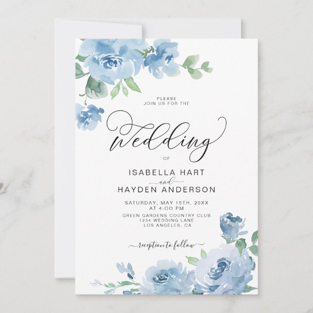 Light Baby Blue Elegante Botanische Hochzeit Einladung (Vorderseite)