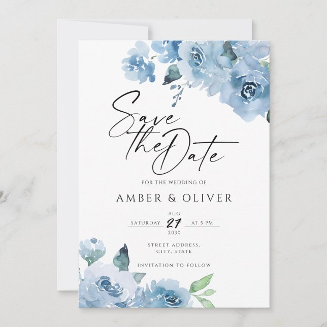 Light Baby Blue Floral Blume Boho Save the Date Einladung (Vorderseite)