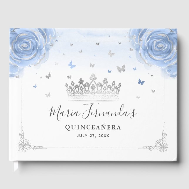 Light Baby Blue Rose und elegante Silver Crown Gästebuch (Vorderseite)