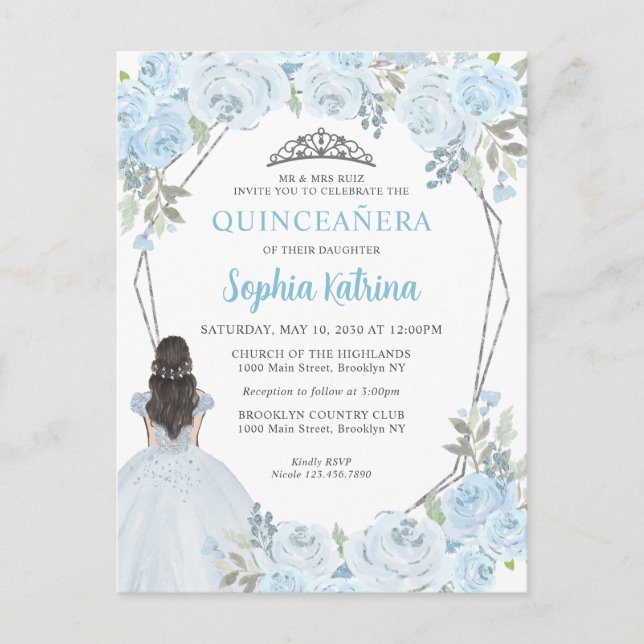 Light Baby Blue Silver Floral Princess Quinceañera Postkarte (Vorderseite)