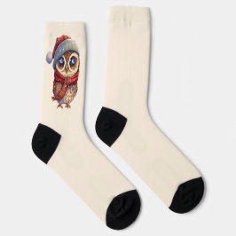 Light Beige Niedlich Owl mit Red Christmas Hat Soc Socken