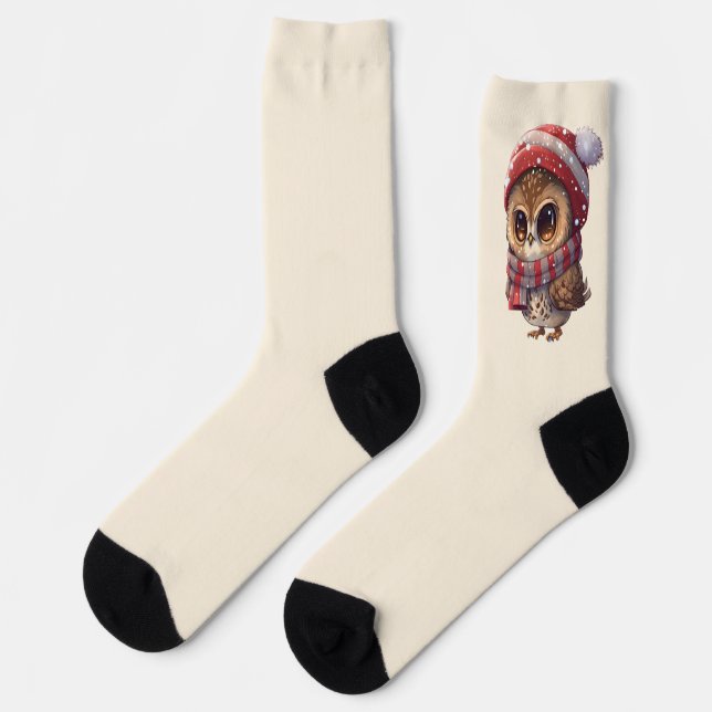 Light Beige Niedlich Owl mit Red Christmas Hat Soc Socken (Linkes Detail)