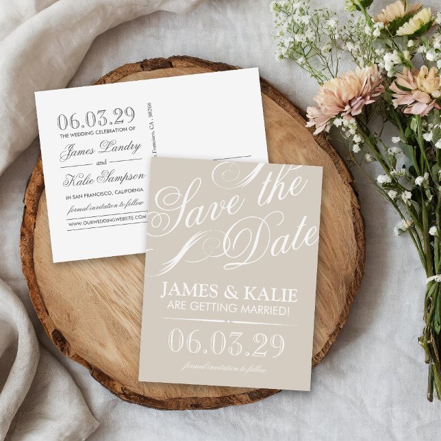 Light Beige Vintages Skript Save the Date Ankündigungspostkarte (Von Creator hochgeladen)