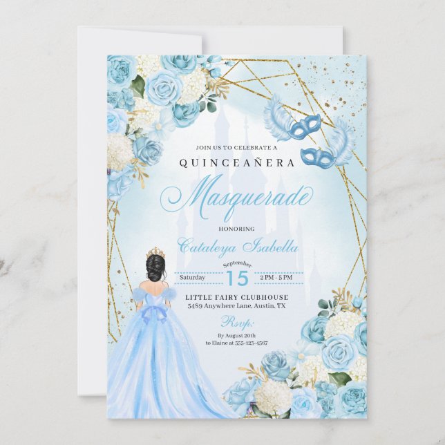 Light Blue Ainderella Masquerade Quinceanera Einladung (Vorderseite)
