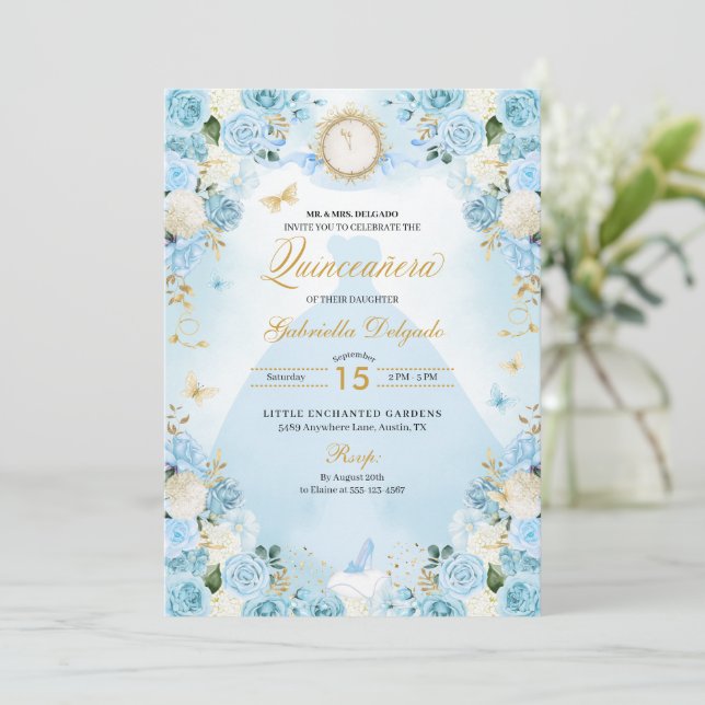 Light Blue Ainderella Princess Dress Quinceanera Einladung (Stehend Vorderseite)