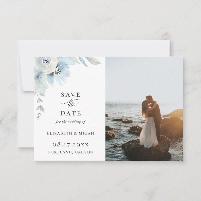 Light Blue Airy Floral Foto Save the Date Ankündigung (Vorderseite)