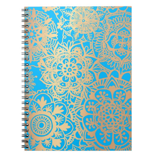Light Blue and Gold Floral Mandala Pattern Notizblock (Vorderseite)