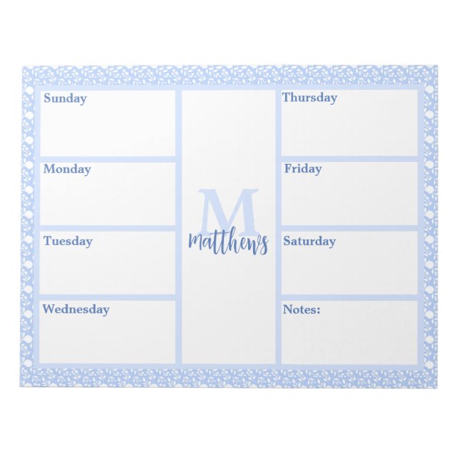 Light Blue and White Floral Weekly Planner Notepad Notizblock (Vorderseite)