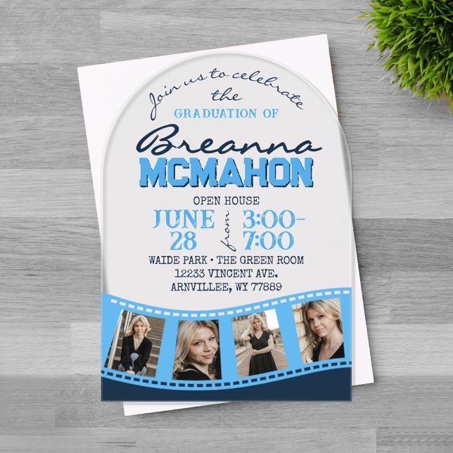 Light Blue Arch Abschluss Foto Filmstrip Mattiert Acryleinladungen (Trendy Arched Graduation Photo Filmstrip Light Blue & Navy Blue Frosted Acrylic Invitations on Grey )