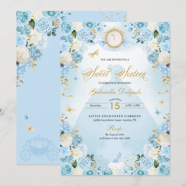 Light Blue Aschenella Princess Dress Sweet 16 Einladung (Vorne/Hinten)