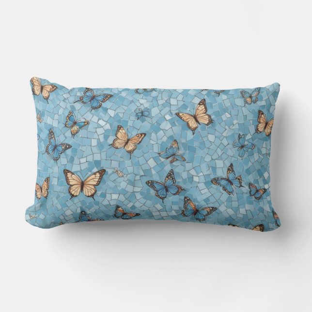 Light Blue Background Butterfys Mosaik Lendenkissen (Vorderseite)