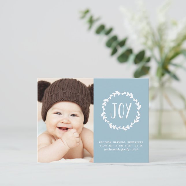Light Blue Birning Announcement Holiday Foto Postkarte (Stehend Vorderseite)