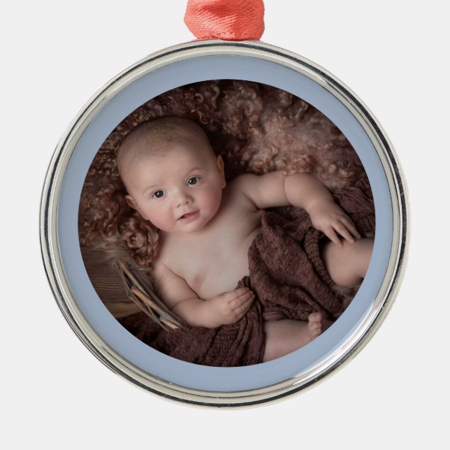 Light Blue Border Baby's 1st Christmas (Boy) Ornament Aus Metall (Vorne)