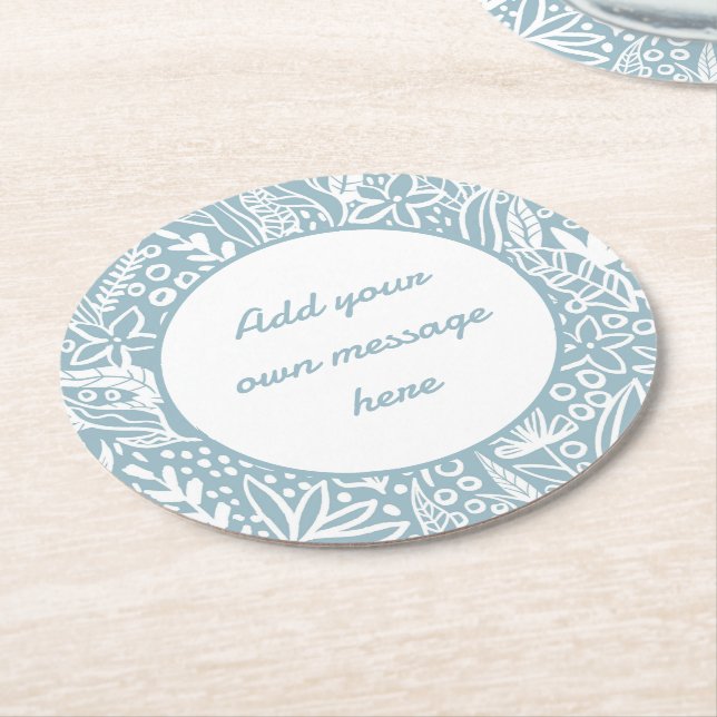 Light Blue Botanical Floral Custom Text Runder Pappuntersetzer (Angewinkelt)