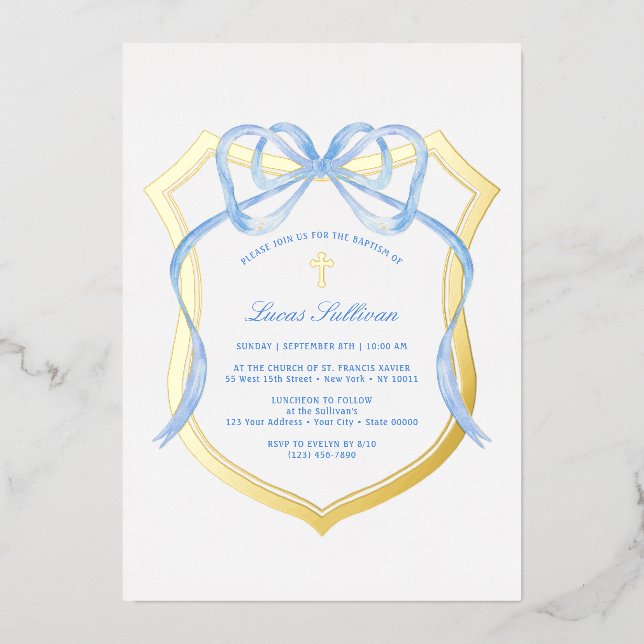 Light Blue Bow Gold Wappen Taufe Folieneinladung (Vorderseite)