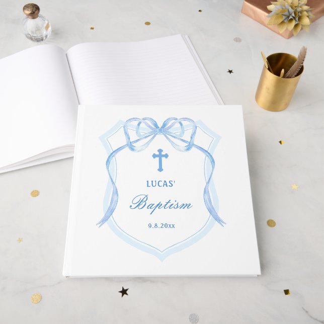 Light Blue Bow Wappen Taufe Gästebuch (Vorderseite offen)