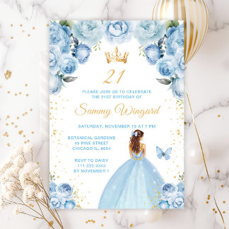Light Blue Brown Hair Princess Birthday Party Einladung
