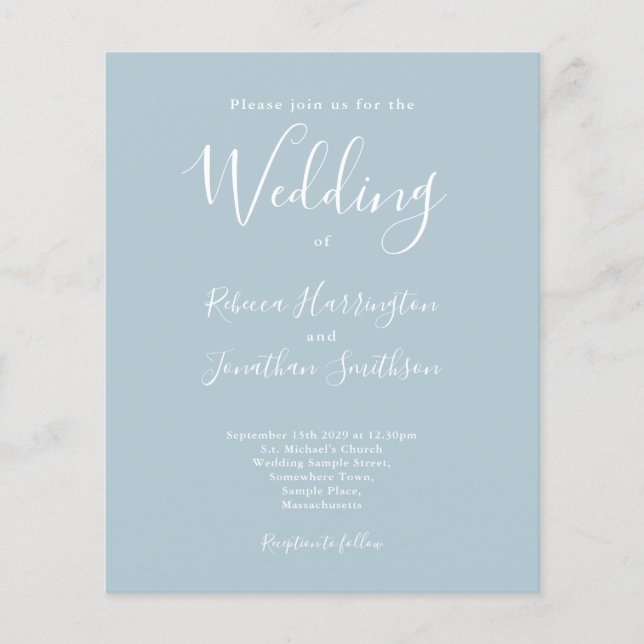 Light Blue Budget Moderne Script Hochzeitseinladun (Vorderseite)