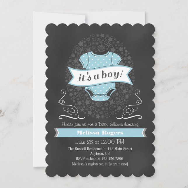 Light Blue Chalkboard Boy Baby Dusche einladen Einladung (Vorderseite)
