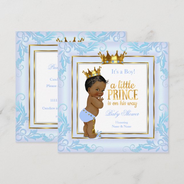 Light Blue Crown Prince Baby Shower Ethnic Einladung (Vorne/Hinten)